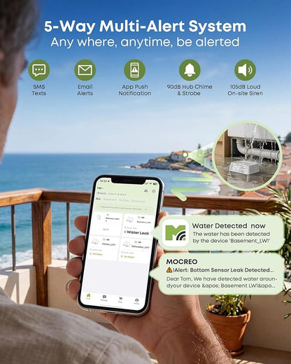 MOCREO LW1 Long Range Water Leak Detector, 105dB Adjustable Alarm, IP67 Waterproof, Leak Severity Tracking, SMS App Email Alert, 3 Water Sensors for Home Basement Kitchen (H5Pro or H6Pro Hub Required)