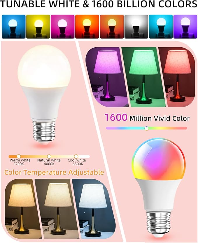 9W E27 RGBCC Smart Light Bulbs, 2.4G WiFi Bluetooth 800LM Color Temperature Changing LED Bulb with Alexa Google Assistant for Bedroom Parties Decoration, Voice Control Compatible, 2 PCS