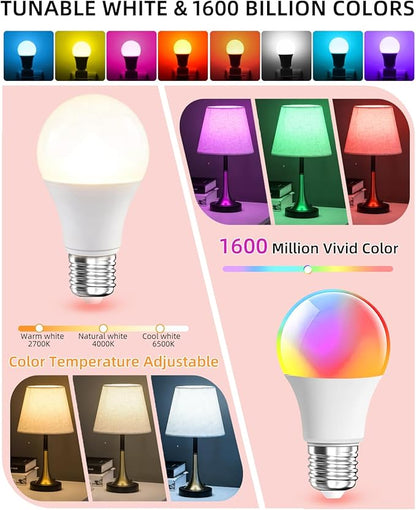 9W E27 RGBCC Smart Light Bulbs, 2.4G WiFi Bluetooth 800LM Color Temperature Changing LED Bulb with Alexa Google Assistant for Bedroom Parties Decoration, Voice Control Compatible, 2 PCS