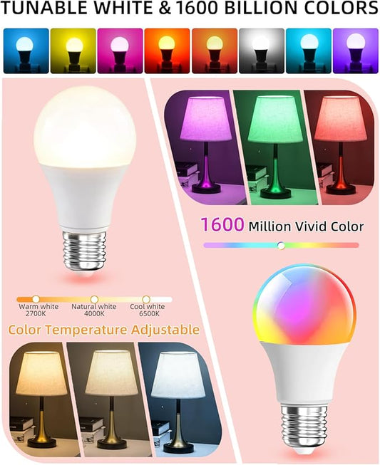 9W E27 RGBCC Smart Light Bulbs, 2.4G WiFi Bluetooth 800LM Color Temperature Changing LED Bulb with Alexa Google Assistant for Bedroom Parties Decoration, Voice Control Compatible, 2 PCS