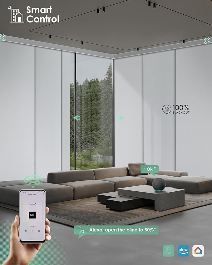 Yoolax Custom XL Smart Vertical Blinds, Motorized Sliding Door Blinds Compatible with Alexa, Blackout Sliding Panel for Room Divider, Indoor Windows, Patio Doors, Fabric-White