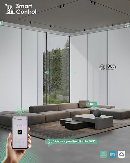 Yoolax Custom XL Smart Vertical Blinds, Motorized Sliding Door Blinds Compatible with Alexa, Blackout Sliding Panel for Room Divider, Indoor Windows, Patio Doors, Fabric-White