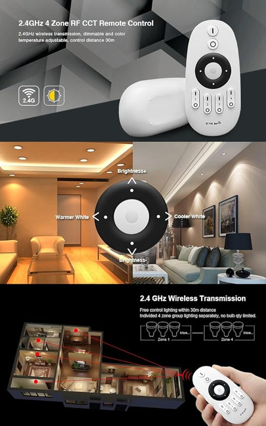 LGIDTECH FUT007 Mi.Light CCT WW+CW 4-Zone Remote Controller (Battery Not Included) for Milight/Miboxer Color Temperature Adjustable LED Lamps and LED Strip Light Controller FUT035 FUT036