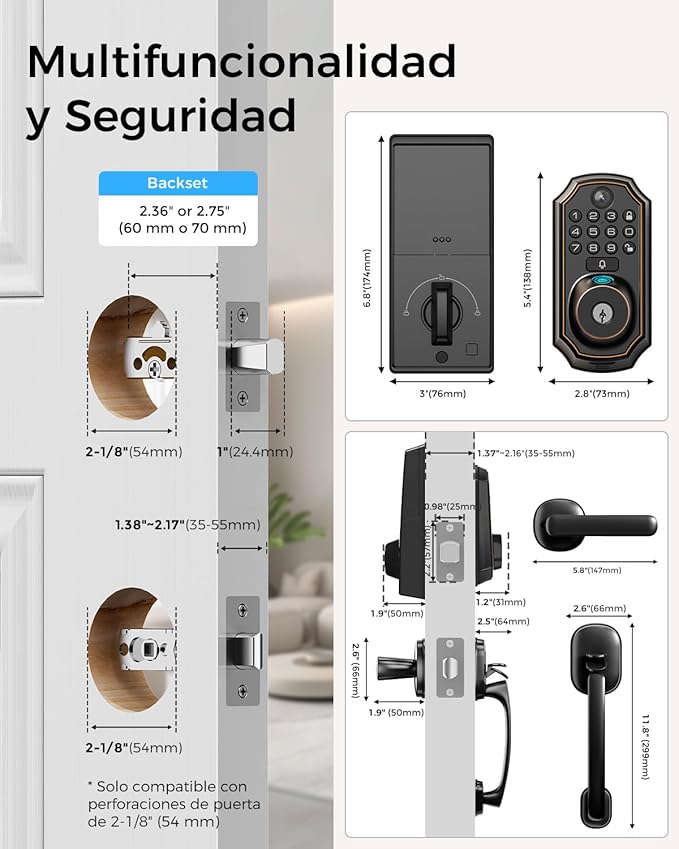 Keyless Entry Deadbolt with Handle Set - WiFi Smart Lock with Camera, 5-in-1 Camera+Doorbell+Fingerprint+Keypad, App Control, Auto Lock, Easy Install, Waterproof for Front Door（Black）