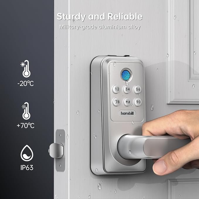 Hornbill WiFi Smart Lock with Handle, Keyless Entry Biometric Fingerprint Lock with Auto-Lock, Keypad Passcode Deadbolt Lever for Home Front Door Bedroom