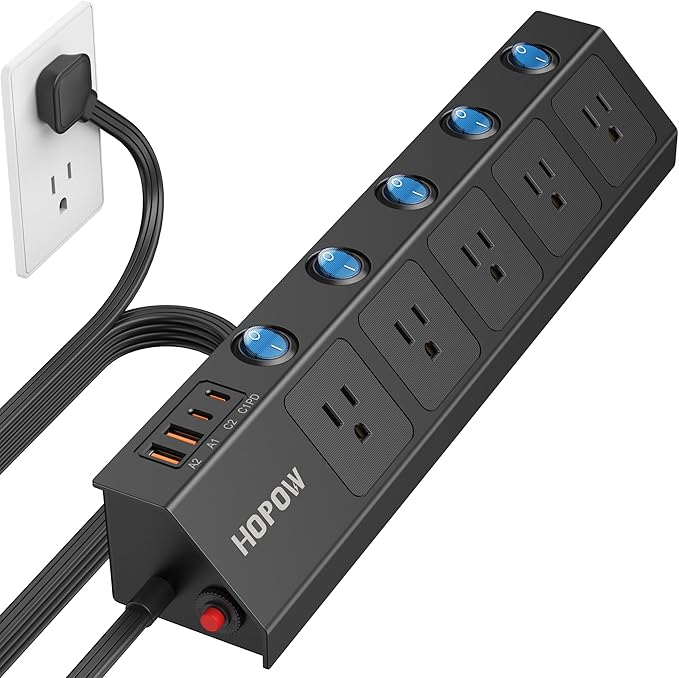 10FT Power Strip with Individual Switches, 5AC&2A2C, Flat Extension Cord