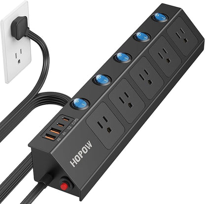 10FT Power Strip with Individual Switches, 5AC&2A2C, Flat Extension Cord
