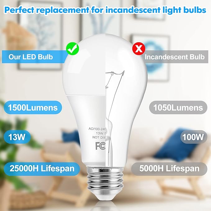 LED Light Bulbs, 100 Watt Equivalent A19 LED Bulbs, 13W 5000K Daylight White 1500 Lumens Non-Dimmable Bright E26 Edison Medium Screw Bulbs for Home Bedroom Living Room Office Outdoor Lamp, 30-Pack