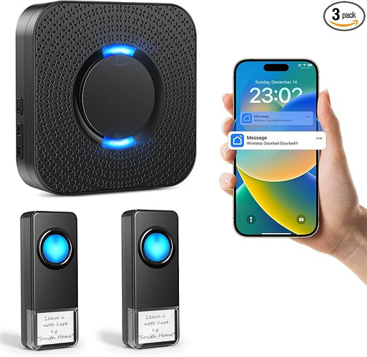 Wireless Doorbell with 2 Buttons, Smart WiFi Doorbell Chime with App Alarm