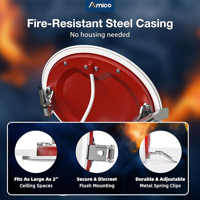 Amico 1 Pack 6 Inch Fire Rated LED Recessed Light with Junction Box, 2 Hour Fire Rating, 5CCT Selectable Ultra-Thin Ceiling Light, 1400LM, Dimmable Canless Wafer Downlight, ETL & FCC, No Tenmat Needed