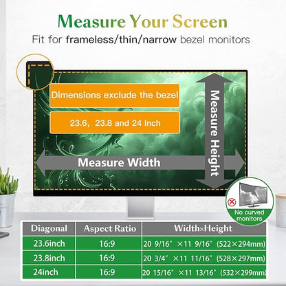 Magnetic Computer Privacy Screen Filter 24 Inch for Frameless Monitor Thin Bezel 16:9 Widescreen, 24in Hanging Removable Anti Glare Blue Light Eye Protection Shield, Anti Spy Protector Panel