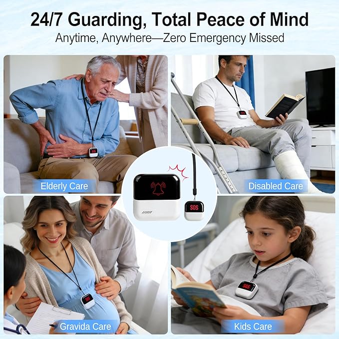 WiFi Caregiver Pager System, SOS Call Button for Elderly at Home, No Monthly Fee Emergency Alert Button with App Notifications, 2 Panic Buttons&1 Receiver, 426ft Range for Seniors, Patients, Disabled
