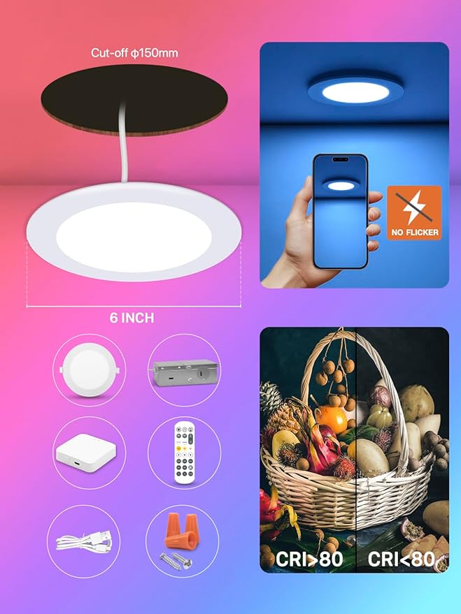 12Pack 6Inch Smart LED RGB Recessed Lighting ,Color Changing Canless Downlight,2700K-6500K, 2.4GHz Wi-Fi & Bluetooth,12W 1200lm,Works with Tuya App,Alexa & Google Assistant,Gateway Included