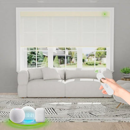 Motorized Blinds with Remote [Light Filtering] Smart Blinds Compatible with Alexa Google HomeKit, 80% Blackout Automatic Roller Shades for Indoor Windows, Customized Size, Mesh White