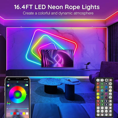 LETIANPAI 15Ft Neon Rope Lights,Flexible Led Rope Lights Control with App/Remote,Multiple Modes Music Sync Gaming RGB Led Neon Lights for Bedroom Outdoor