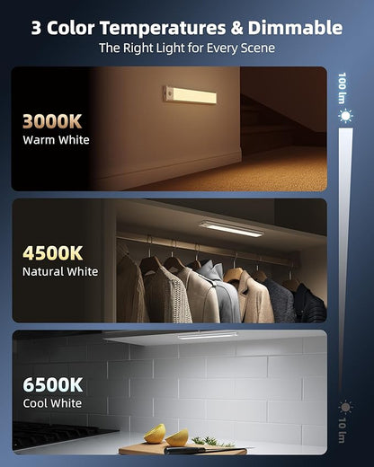 10inch Under Cabinet Lighting Wireless, 3-Pack Rechargeable Battery Motion Sensor Light Indoor, LED Closet Lights USB Charging,3 Color Dimmable Under Cabinet Lights for Kitchen, Cabinet, Wardrobe