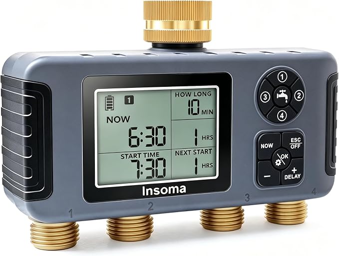 Insoma 4-Zone Water Timer for Garden Hose, Brass Inlet & Outlet | 4 Independent Zones, Programmable Schedules, Rain Delay/Manual Mode, IPX5 Waterproof, Large Display, for Garden, Lawn