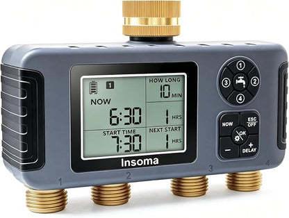 Insoma 4-Zone Water Timer for Garden Hose, Brass Inlet & Outlet | 4 Independent Zones, Programmable Schedules, Rain Delay/Manual Mode, IPX5 Waterproof, Large Display, for Garden, Lawn