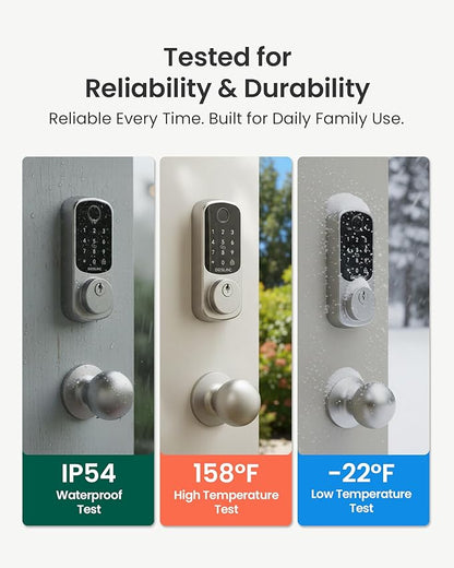 DESLOC B200 Fingerprint Smart Lock with 2 Knobs, Keyless Entry Front Door Lock Set, Electronic Keypad Deadbolt, App Control, Auto Lock, Long Battery Life,Silver