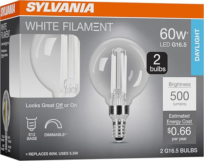 Sylvania G16.5 Clear Globe LED White Filament Bulb, 5.5W, Dimmable, 500 LMS, Candelabra Base, 5000K, Daylight - 2 Pack (42246)