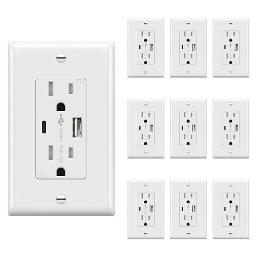 TOPGREENER 4.2A USB Outlet, 15 Amp Wall Outlet with USB Ports, 10 Pack | White, USB Outlets Receptacles with Type C & Type A Ports , Tamper Resistant Receptacle Plug, UL Listed, Wall Plate Included