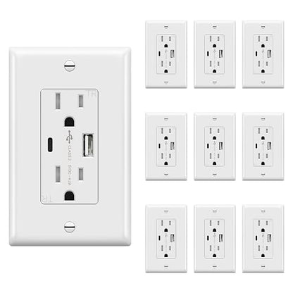 TOPGREENER 4.2A USB Outlet, 15 Amp Wall Outlet with USB Ports, 10 Pack | White, USB Outlets Receptacles with Type C & Type A Ports , Tamper Resistant Receptacle Plug, UL Listed, Wall Plate Included