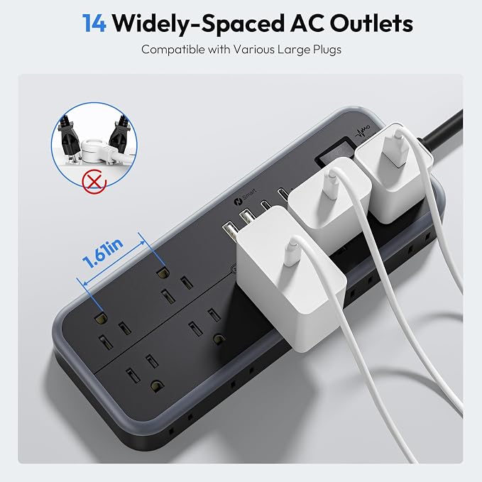 NTONPOWER 25 FT Extension Cord 10 Widely Spaced Outlets, 4 USB Port(2 USB C Port), Ultra Thin Flat Plug Extension Cords 25 Feet, Long Extension Cord for Home Office Garage, Black