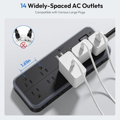 NTONPOWER 25 FT Extension Cord 10 Widely Spaced Outlets, 4 USB Port(2 USB C Port), Ultra Thin Flat Plug Extension Cords 25 Feet, Long Extension Cord for Home Office Garage, Black