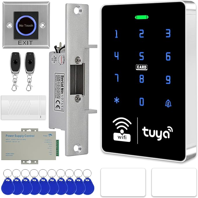WiFi TUYA Security Access Control System kit with Waterproof RFID keypad Door Lock, smart Remote Door Opener, app, NC Cathode Lock, Electric Lock, Metal Sensor Switch, doorbell, and Keychain