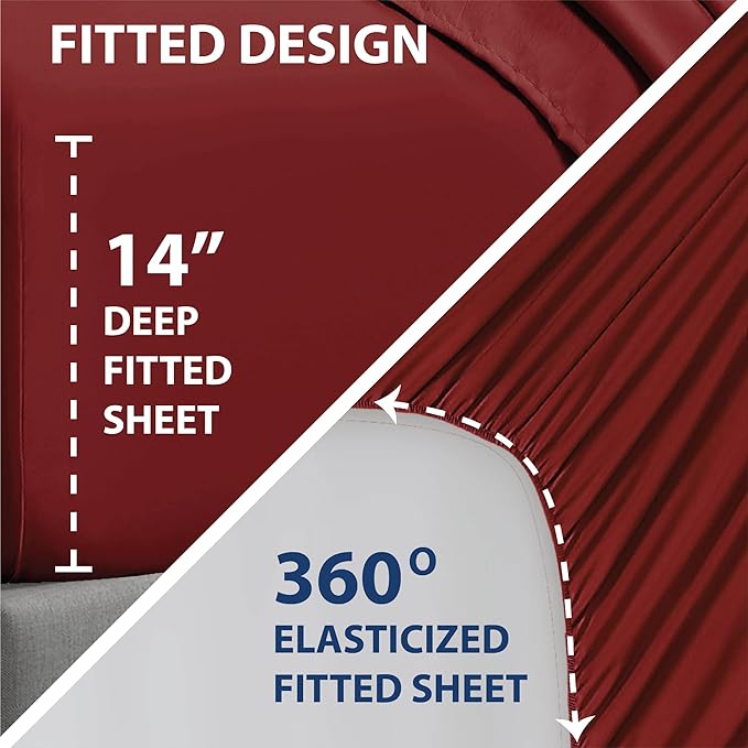 Swift Home Smart Sheets, Ultra Soft Brushed Microfiber 4-Piece Sheet Set, Fitted Bed Sheet with Side Storage Pockets – Burgundy, Full