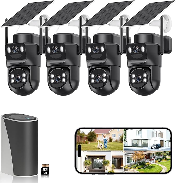 4K Solar Security Cameras Wireless Outdoor with Dual Lens, 4 Cam Kit, No Subscription Fee, Home Security System with Color Night Vision, 2.4/5GHz WiFi, Auto Tracking, Motion Detection,32GB Memory Card