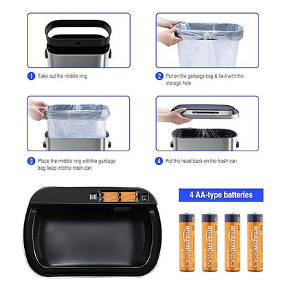 pouseayar Smart Automatic Trash Can with Lid 13 Gallon, Stainless Steel Thickened Body & Super Mute Sensor Lid with 30 Count Garbage Bags for Kitchen Office Bedroom Waste Bin and More - Silver