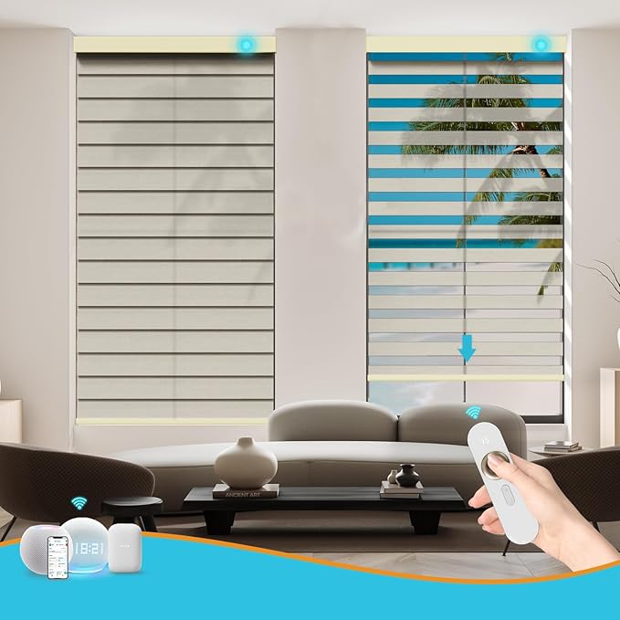 Motorized Zebra Blinds with Remote, Work with HomeKit Alexa, Smart Light Filtering Horizontal Automatic Electric Window Shades for Home Office Customsize(50% Blackout Drumbeat Light Coffee)