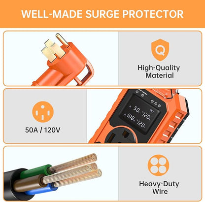 RV Surge Protector 50 Amp Waterproof- Smart 50Amp Power Protectors with Real-Time KWH, Voltage, and Current Monitor Screen, LED Display Circuit Analyzer for Camper Travel Trailer (Orange, 50 Amp)