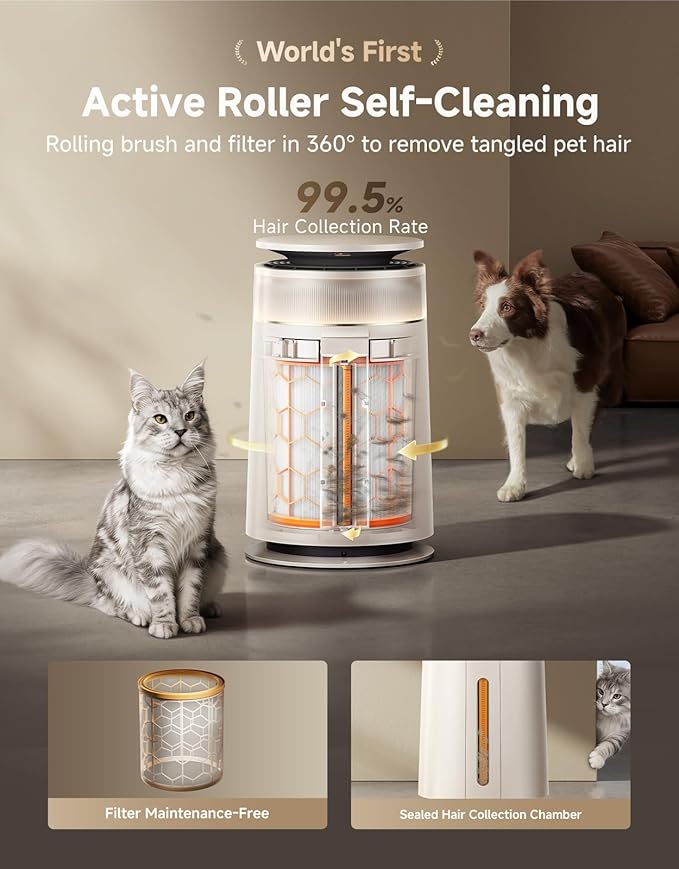 ‌Dreame HEPA Air Purifier with Self-Cleaning Pet Hair, Suck Up Floating Cat Dog Hair Dander for Home Large Room, 4 Filters Smart Air Cleaner for Pet Odor Purification, APP & Voice Control, FP10-Beige