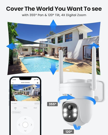 VIZIUUY Solar Security Cameras Wireless Outdoor, 3MP Pan/Tilt 360°View Solar/Battery Powered WiFi Camera with Color Night Vision/PIR Sensor/2-Way Audio/Alexa(3 Pack)