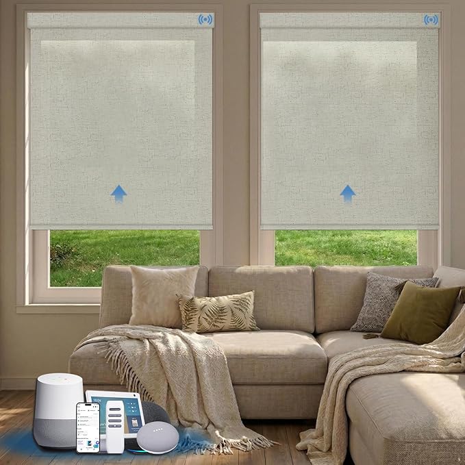 Motorized Blinds with Remote, Light Filtering Smart Blinds for Windows Automatic Roller Shades Compatible with Alexa, Motorized Shades Customized for Living Room Home Office (Linen Beige)