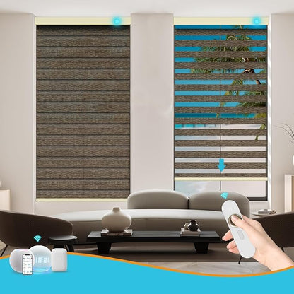 Motorized Zebra Blinds with Remote, Work with HomeKit Alexa, Smart Light Filtering Horizontal Automatic Electric Window Shades for Home Office Customsize(80% Blackout Oceanwave Brown)
