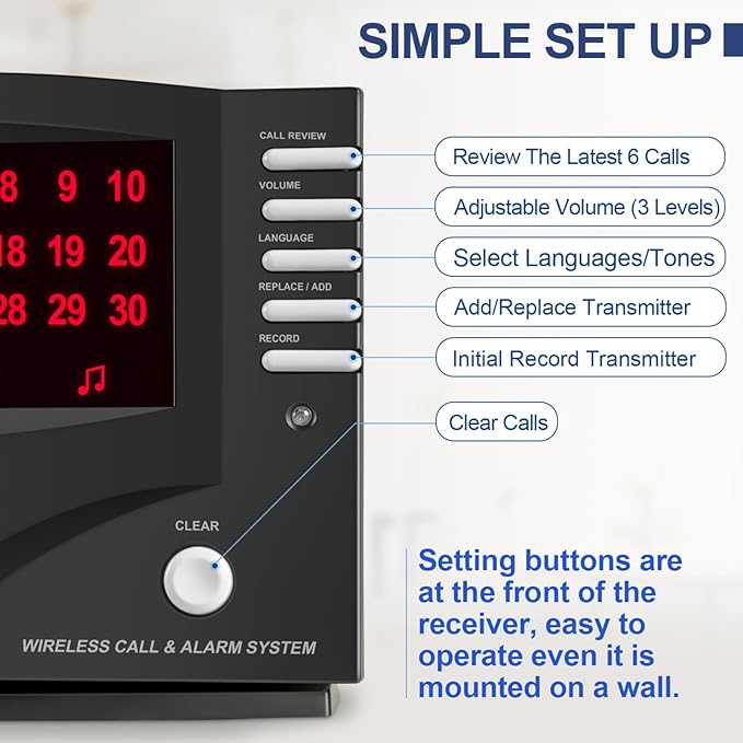 Nurse Call System Caregiver Pager Call System with 10 Dual Feature Call Buttons and 1 Central Monitoring Unit Clinic Care Restaurant Assisted Living Nursing Customers Patients Residents