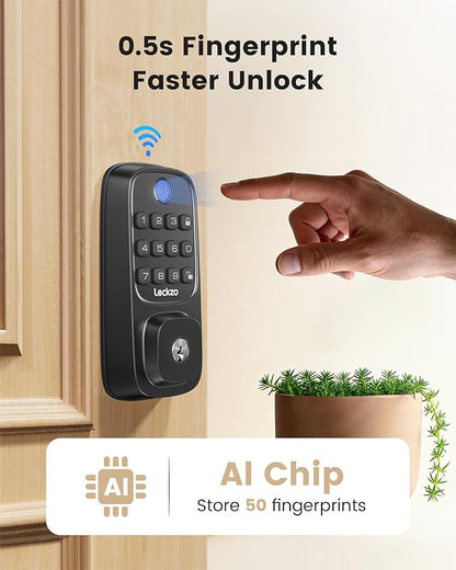 Smart Deadbolt Lock Fingerprint with 2 Lever Handles, Keyless Entry Front Door Lock Set, Electronic Keypad Lock, App Control - Auto Lock, Long Battery Life, Secure Home Basic Locks