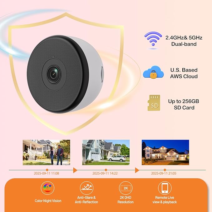 3MP 2K Window Security Camera for Home, AI Human Detection, Real-Time Alerts, Smart AI Color Night Vision, 2-Way Audio, 2.4/5GHz WiFi, Alexa Compatible, Indoor/Outdoor Monitoring, 2 Pack