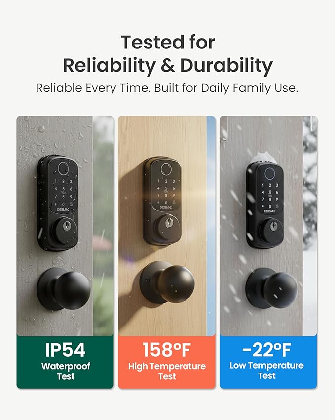 DESLOC B200 Fingerprint Smart Lock with 2 Knobs, Keyless Entry Front Door Lock Set, Electronic Keypad Deadbolt, App Control, Auto Lock, Long Battery Life,Matte Black