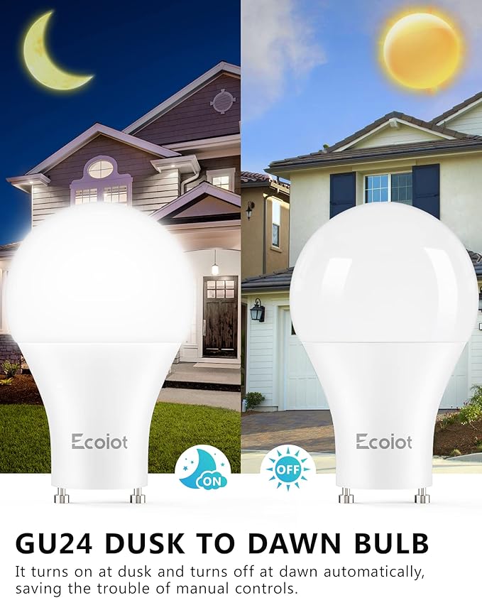 GU24 Dusk to Dawn Outdoor Light Bulbs,Light Sensor A19 LED Bulbs,Photocell Sensor, Automatic On/Off for Indoor/Outdoor Security Lighting,10-Watt(90-Watt Equivalent),5000K Daylight, 4 Pack