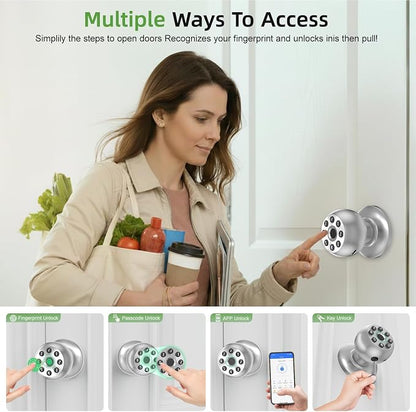 Fingerprint Door Knob, Smart Door Knob, Biometric Door Knob with Code, App Control, Auto Lock, Fingerprint Door Lock,Thumb Print Door Knobs for Bedroom, Office, Apartment,Satin Nickel