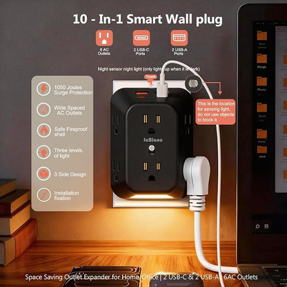 Multi Plug Outlet Surge Protector with Night Light, 6 Outlet Splitter with 4 USB Ports (2 USB C), 4 Sided 1050j Surge Protector Power Strip for Home Office Dorm Essentials-Black