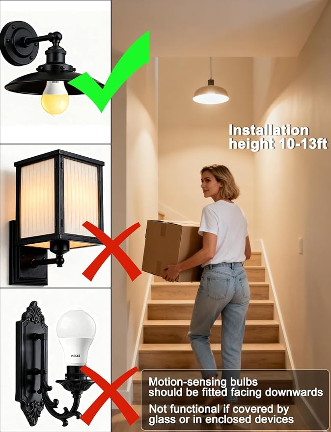 HEKEE Motion Sensor LED Light Bulb 9W A19 PIR Built-in IR 60W Equivalent Bright 900 Lumens E26 Base Warm White Bulbs (2 Packs)