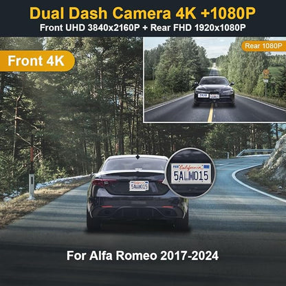 Fitcamx Front 4K+Rear 1080P Dash Cam Adapts for Alfa Romeo Giulia & Stelvio 2017-2024, OEM Factory Look, 2 Channel HD Video, Built-in WiFi & APP, Loop Recording, Parking Mode, Easy to Use, 128GB Card