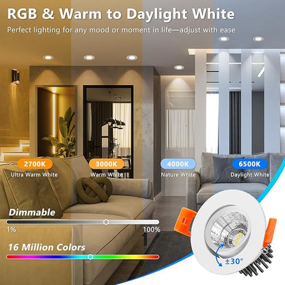 4 Pack 2 Inch Smart Recessed Lighting, 5W WiFi LED Downlight, Dimmable RGB & CCT 2700K-6500K, Compatible with Alexa & Google Home, 120V Recessed Ceiling Light with LED Driver