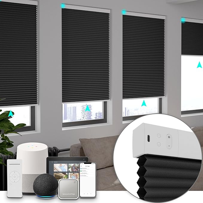 Changshade Motorized Cellular Shades Remote Control Blackout Room Darkening for Indoor Windows, Custom Size Smart Honeycomb Blinds Electric Automatic Solar Panel Work with Alexa, Google Home, Black