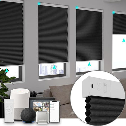 Changshade Motorized Cellular Shades Remote Control Blackout Room Darkening for Indoor Windows, Custom Size Smart Honeycomb Blinds Electric Automatic Solar Panel Work with Alexa, Google Home, Black